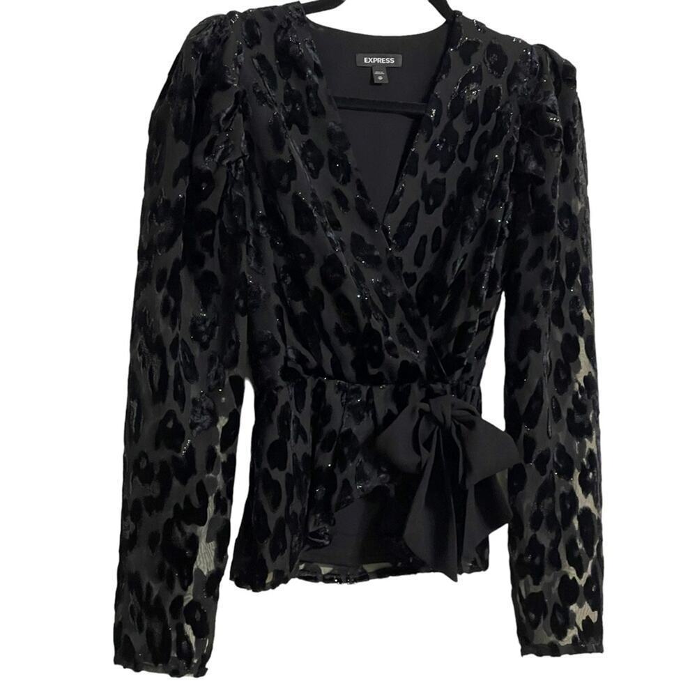 Express Wrap Front Leopard Metallic Long Sleeve Blouse Black Size XS